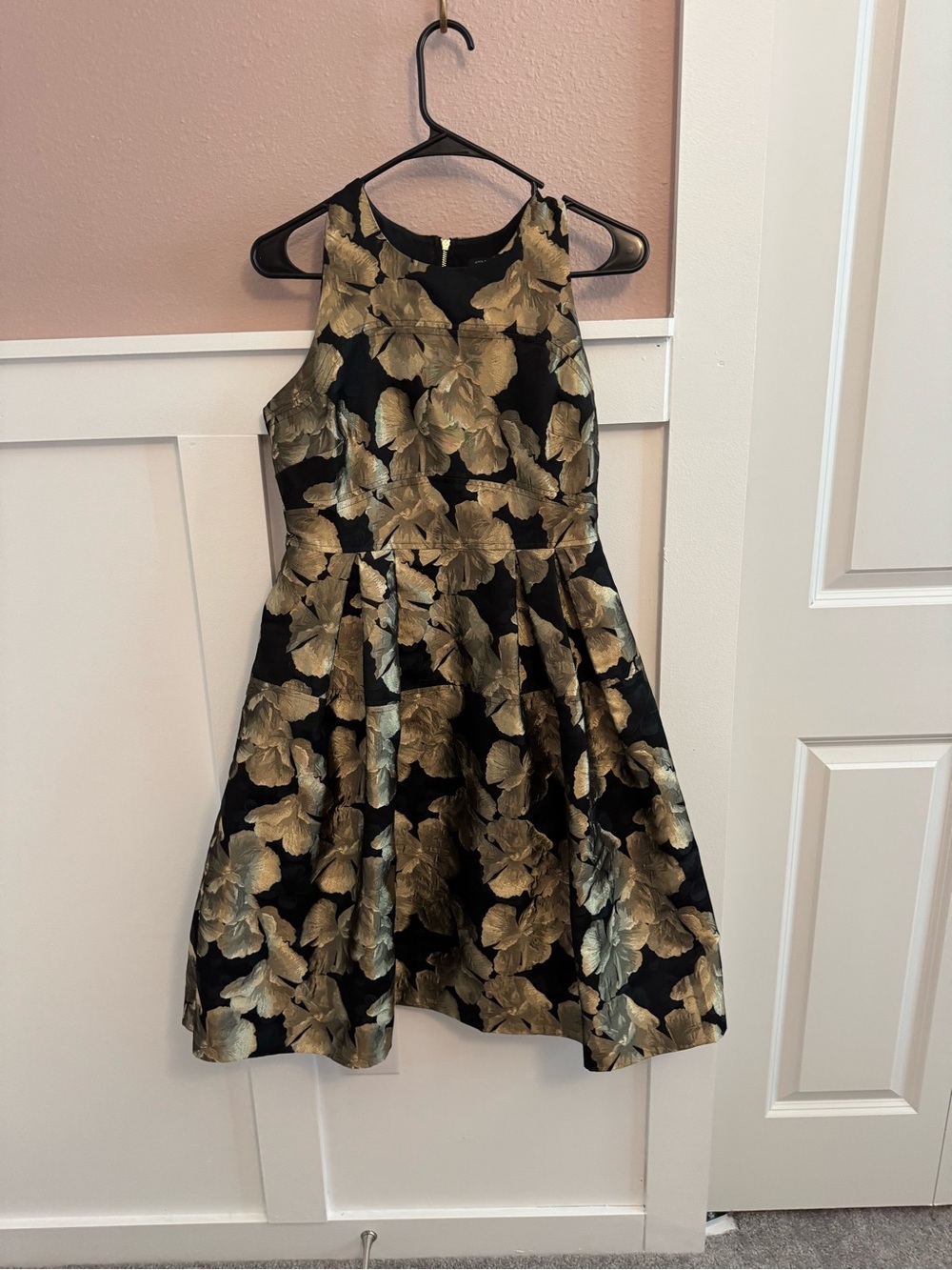 Ann Taylor Black Dress with Metallic Gold Floral Jacquard